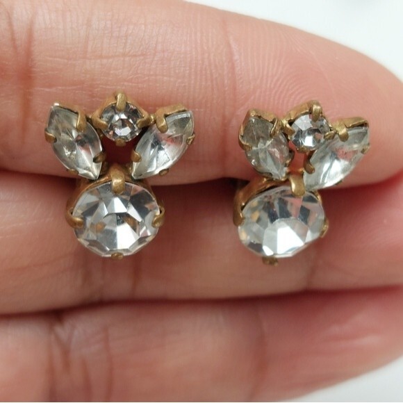 Vintage Brass and Rhinestone Crystals Clip On Earrings - Picture 2 of 6